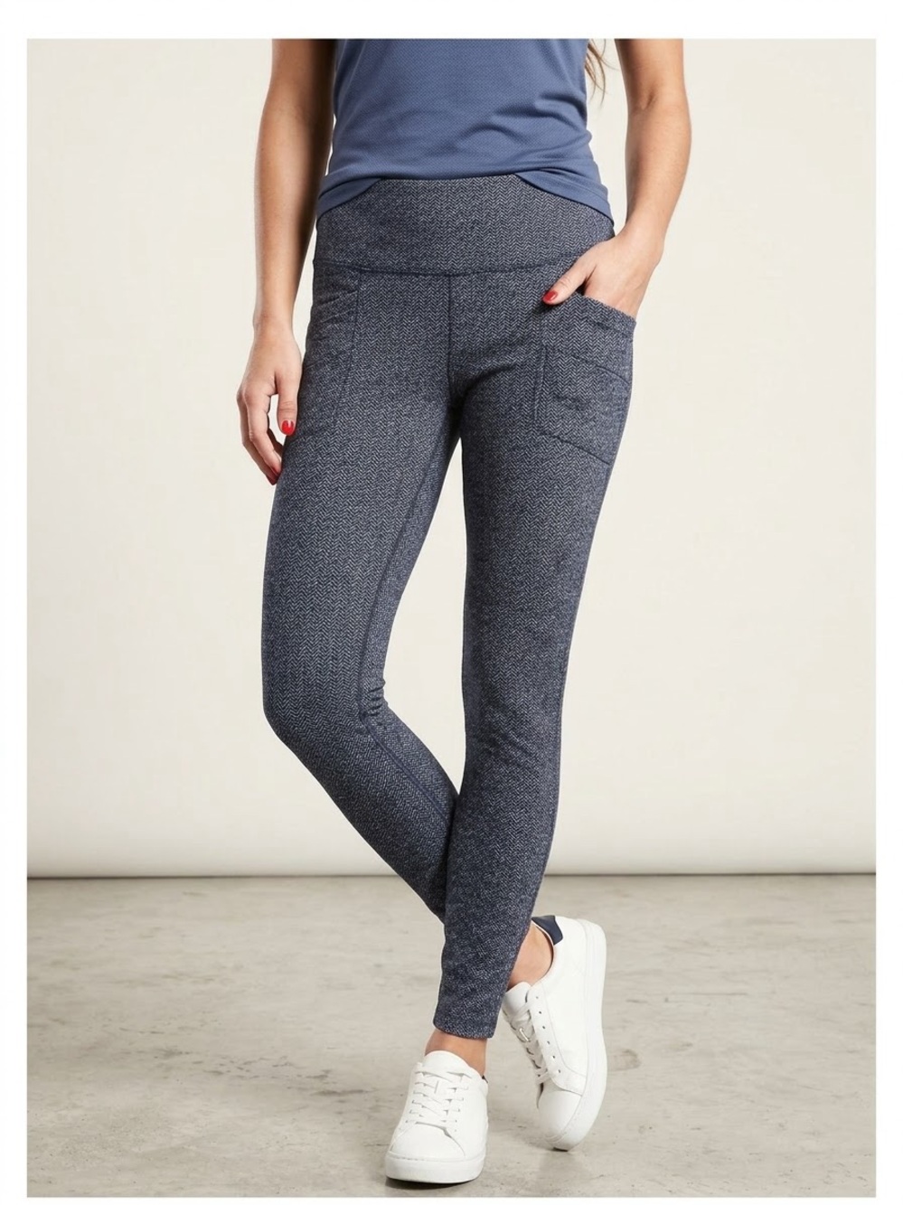 Athleta Metro High Rise Herringbone Leggings Athleisure Pockets Knit Navy M